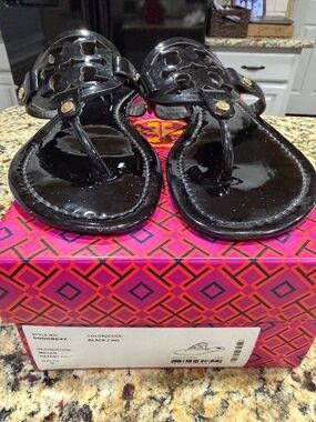 Tory Burch Black Patent Leather Miller Thong Sandals